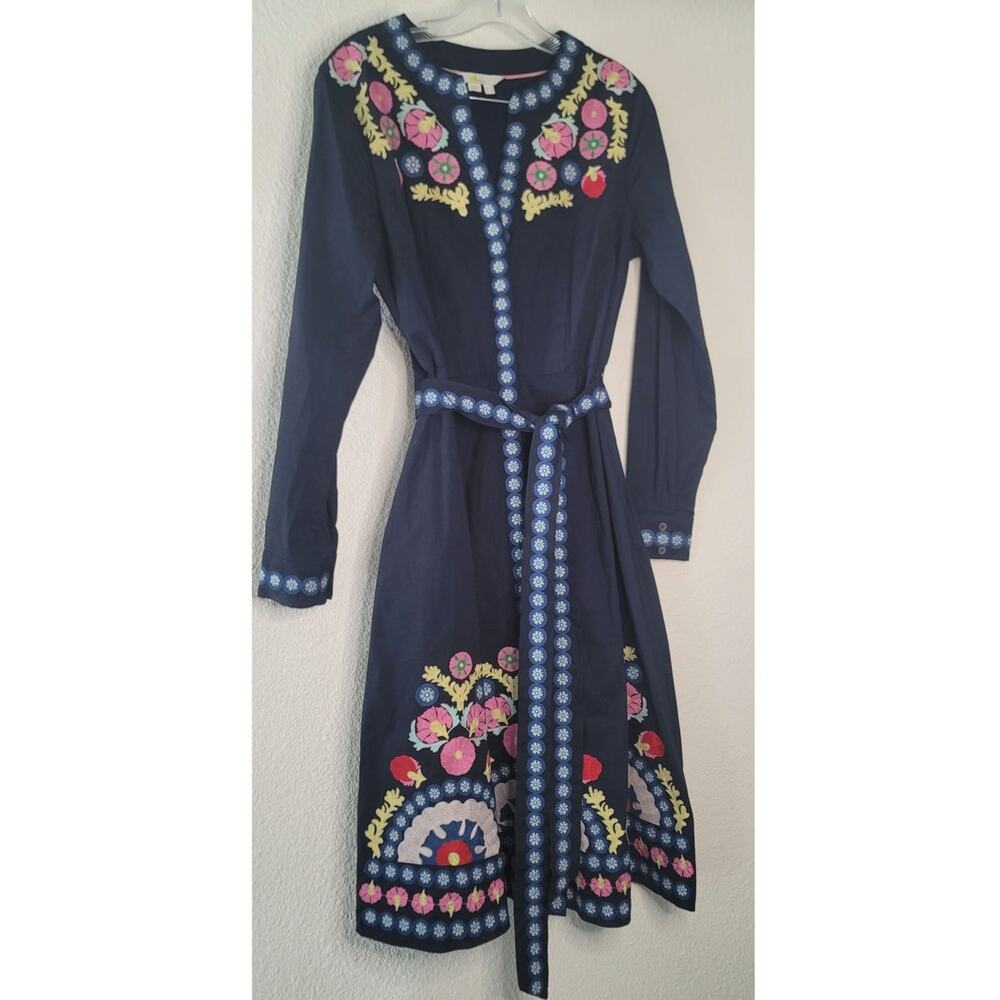 Boden Riley Embroidered Dress Navy Fit-&-flare Midi Intricate Embroidery Belted